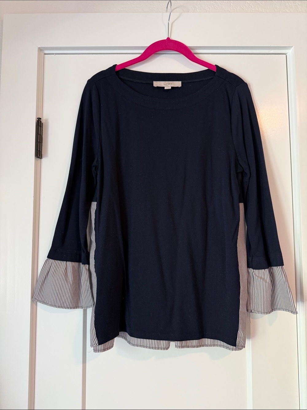 LOFT Navy Long-Sleeve Top with Striped Ruffle Trim